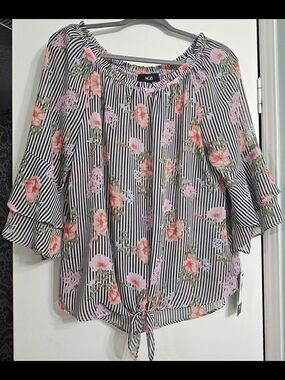 AGB Black & White Striped Off-Shoulder Blouse with Pink Floral Print